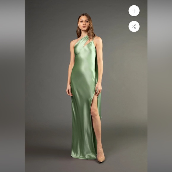 Michelle Mason One Shoulder Gown in Sage - Picture 2 of 6